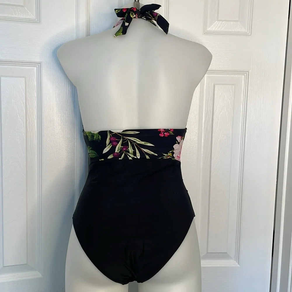 CUPSHE MULTI COLOR FLORAL HALTER PLUNGE ONE PIECE TUMMY CONTROL SWIMSUIT SIZE S